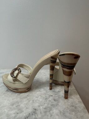 Showstopper Cream Strappy Platform Heels with Multitone Striped Stiletto